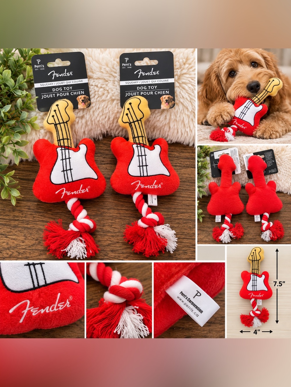 Fender Guitar Squeaky Rope Dog Toys Set of 2 NWT Red Plush